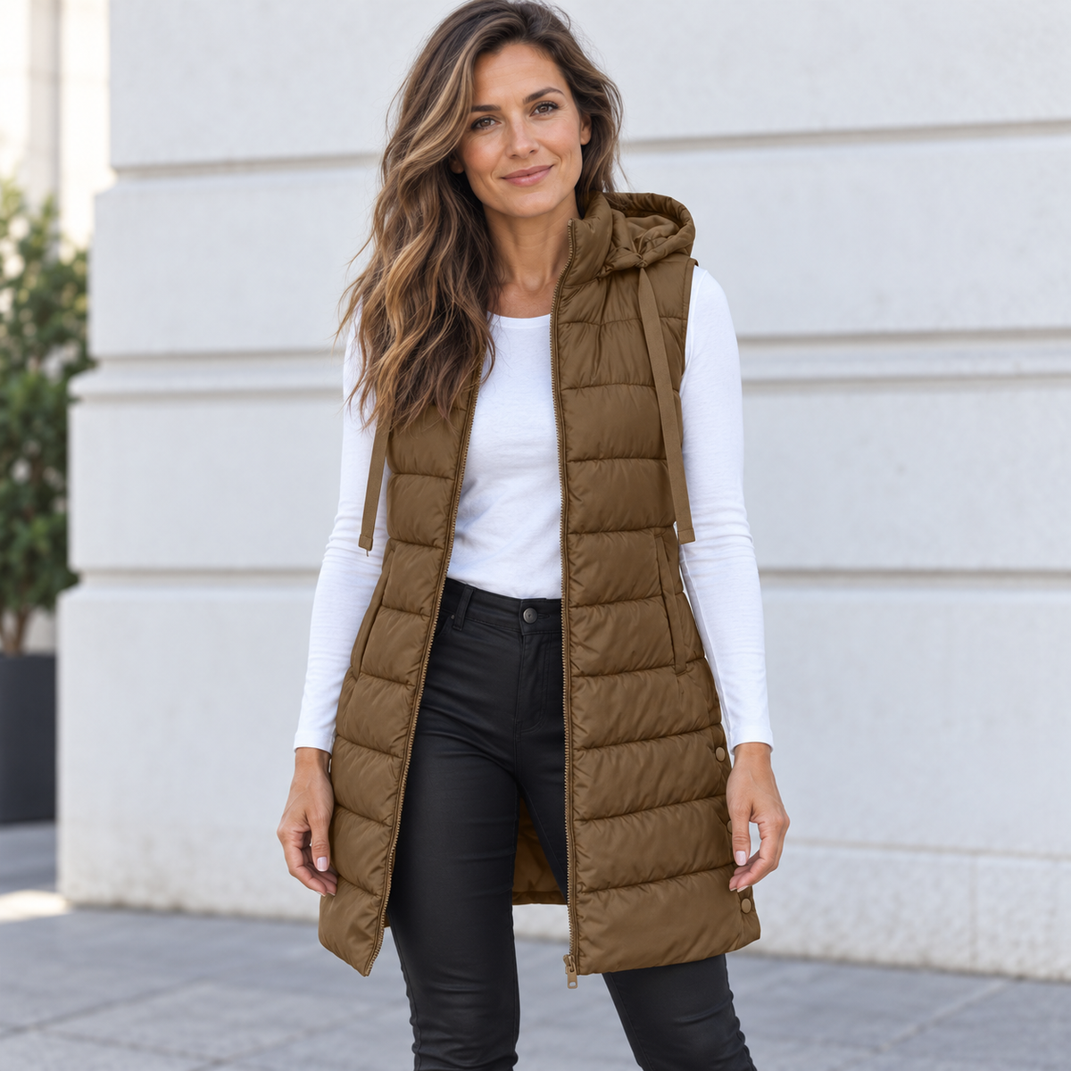 MOREAU LYON | GILET LONG MATELASSÉ À CAPUCHE POUR FEMMES