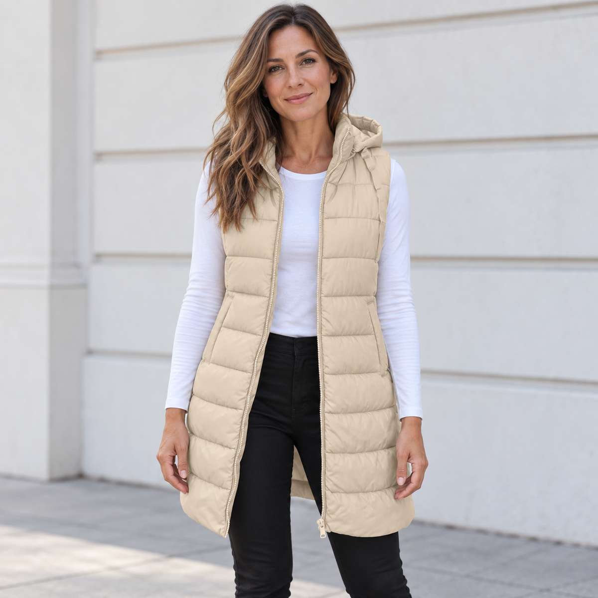 MOREAU LYON | GILET LONG MATELASSÉ À CAPUCHE POUR FEMMES