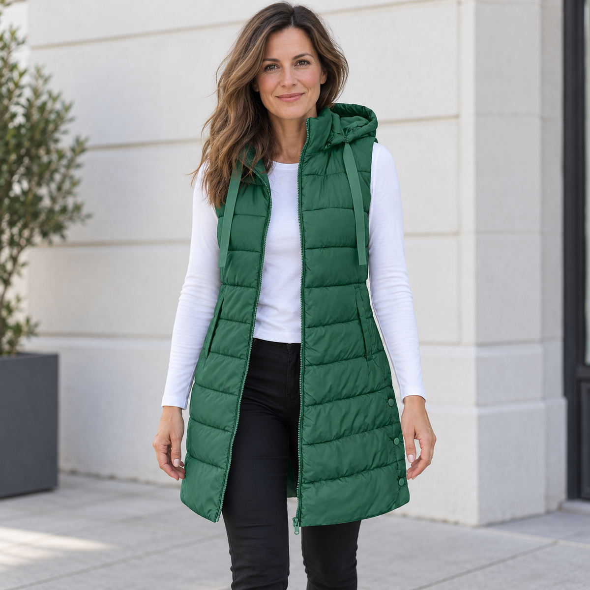 MOREAU LYON | GILET LONG MATELASSÉ À CAPUCHE POUR FEMMES