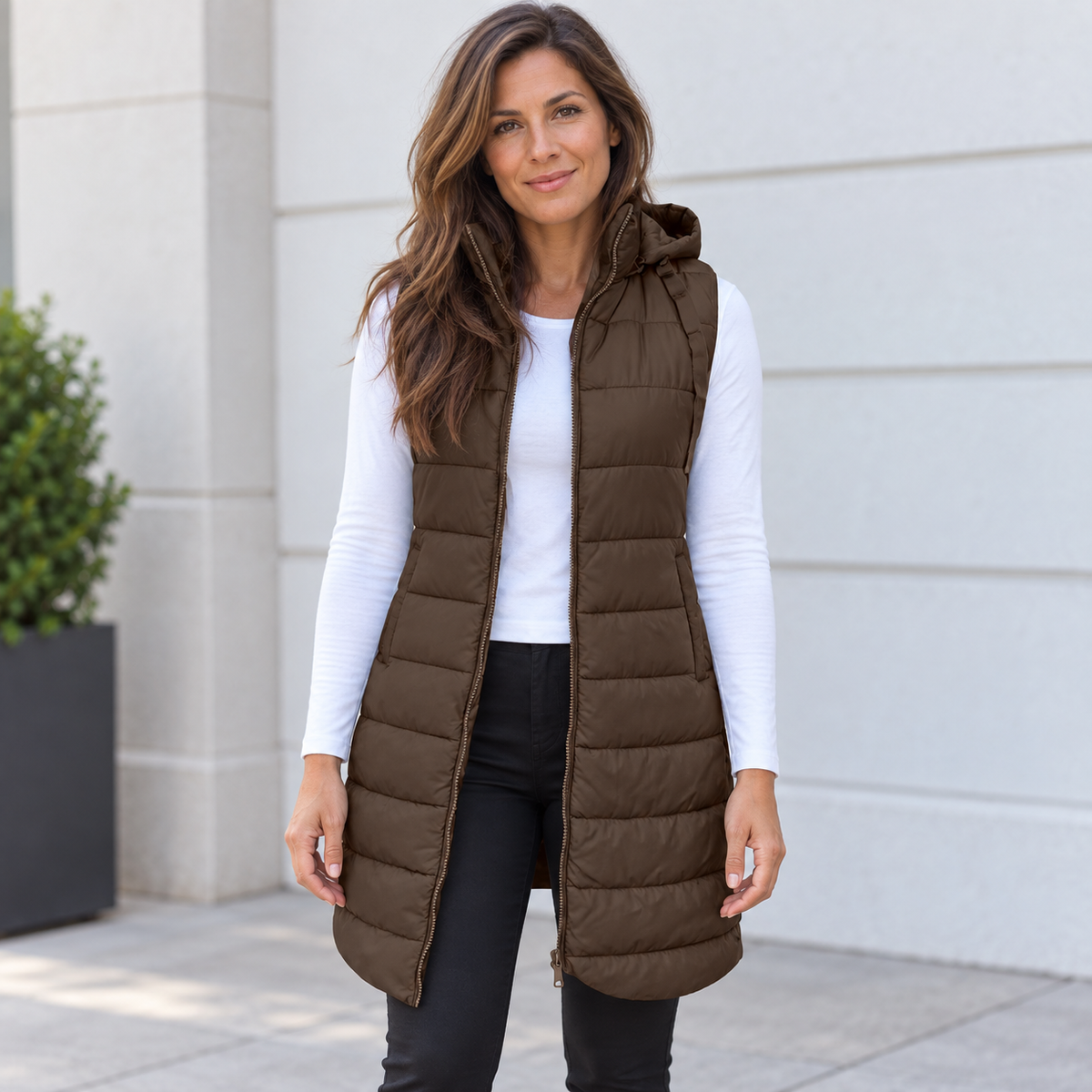 MOREAU LYON | GILET LONG MATELASSÉ À CAPUCHE POUR FEMMES