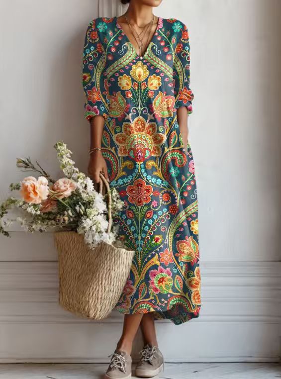 MOREAU LYON | ROBE MIDI EN LIN FLORAL ANCIEN POUR FEMMES