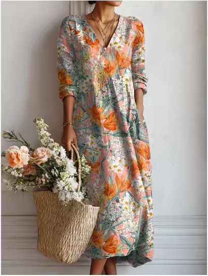 MOREAU LYON | ROBE MIDI EN LIN FLORAL ANCIEN POUR FEMMES