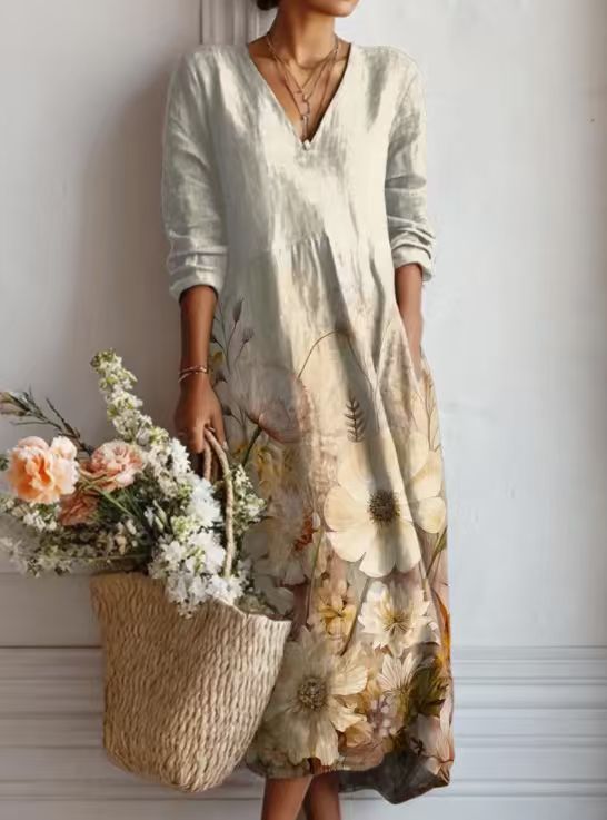 MOREAU LYON | ROBE MIDI EN LIN FLORAL ANCIEN POUR FEMMES