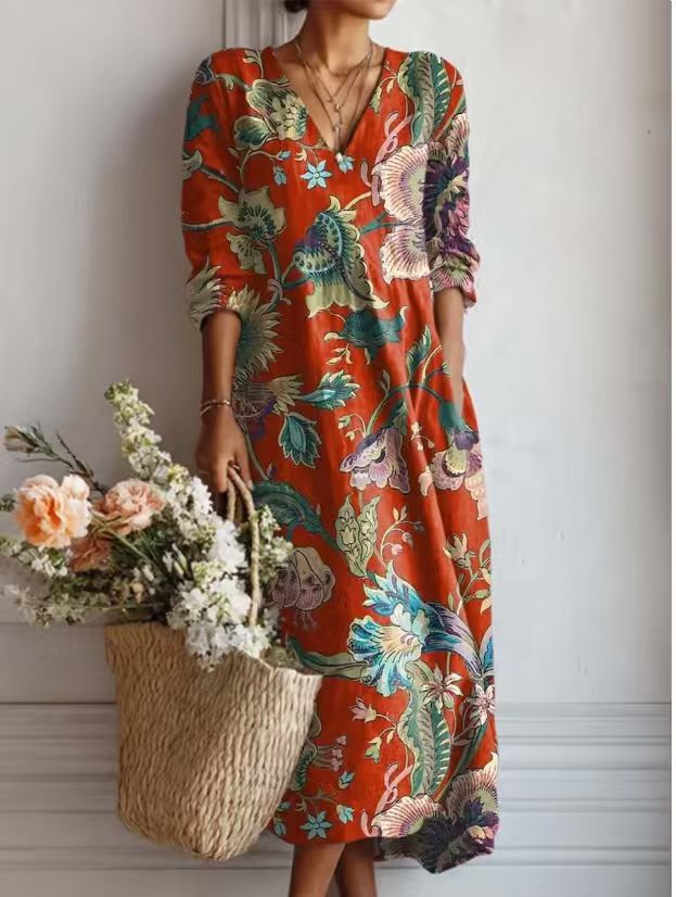 MOREAU LYON | ROBE MIDI EN LIN FLORAL ANCIEN POUR FEMMES