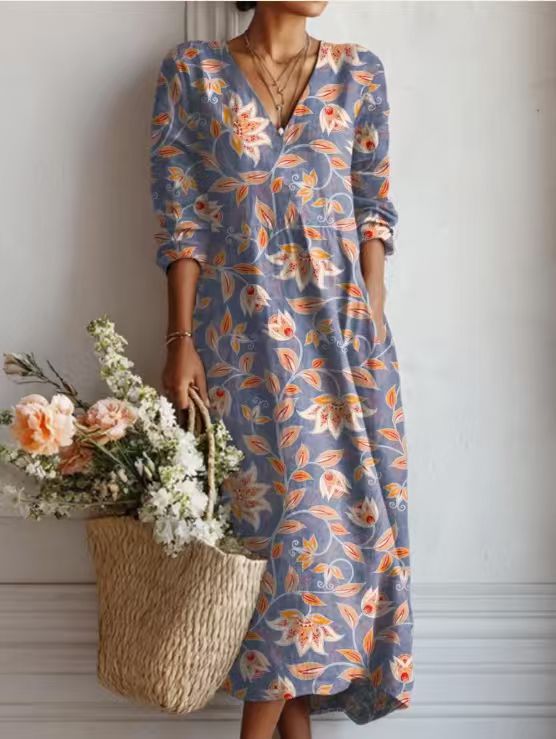 MOREAU LYON | ROBE MIDI EN LIN FLORAL ANCIEN POUR FEMMES