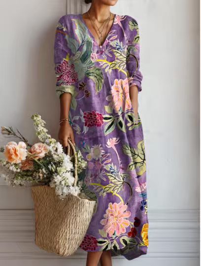MOREAU LYON | ROBE MIDI EN LIN FLORAL ANCIEN POUR FEMMES