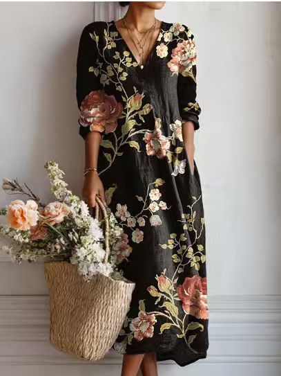MOREAU LYON | ROBE MIDI EN LIN FLORAL ANCIEN POUR FEMMES