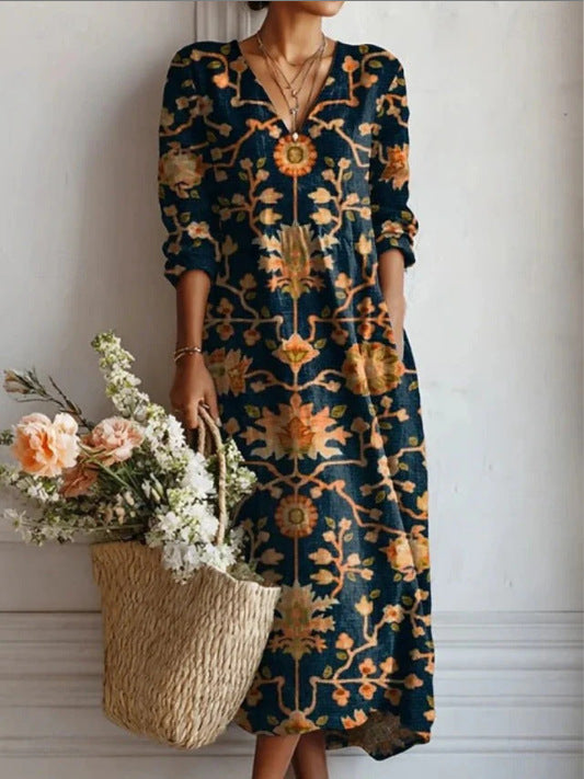 MOREAU LYON | ROBE MIDI EN LIN FLORAL ANCIEN POUR FEMMES