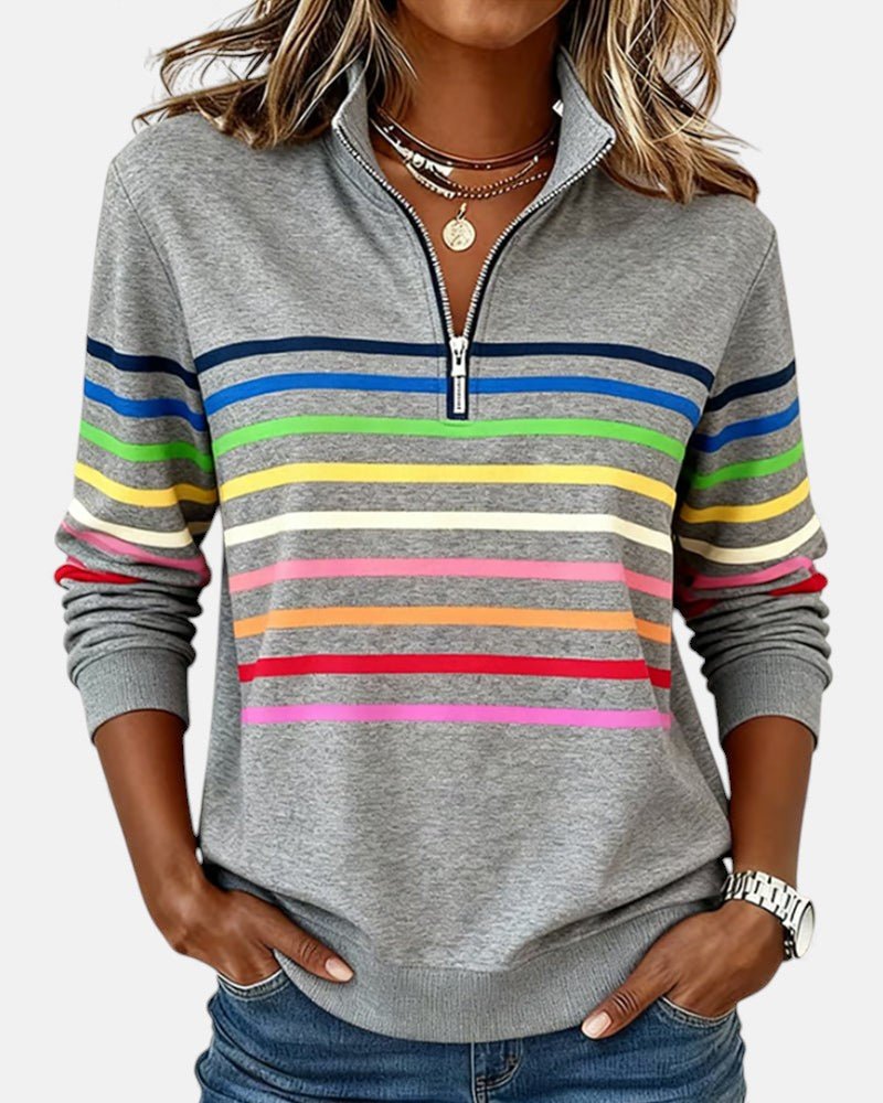 MOREAU LYON | SWEAT-SHIRT À COL ZIPPER QUART DE LONGUEUR RAYÉ POUR FEMMES