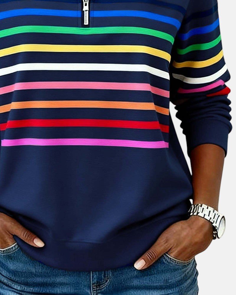MOREAU LYON | SWEAT-SHIRT À COL ZIPPER QUART DE LONGUEUR RAYÉ POUR FEMMES