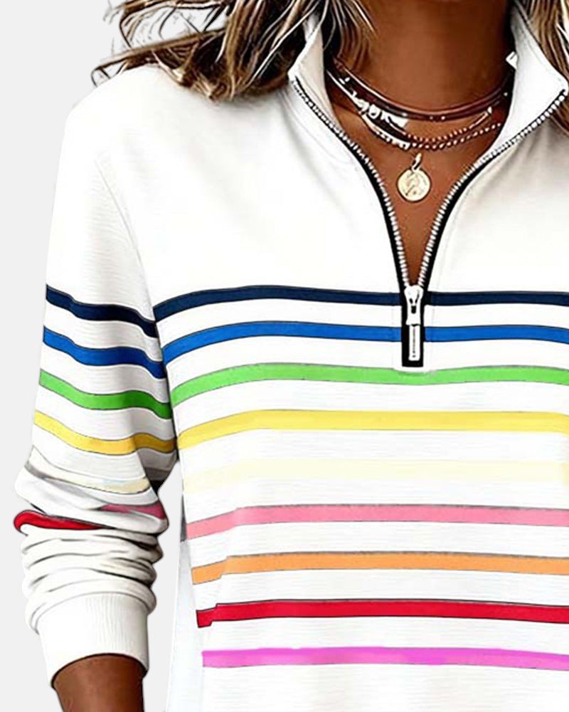 MOREAU LYON | SWEAT-SHIRT À COL ZIPPER QUART DE LONGUEUR RAYÉ POUR FEMMES