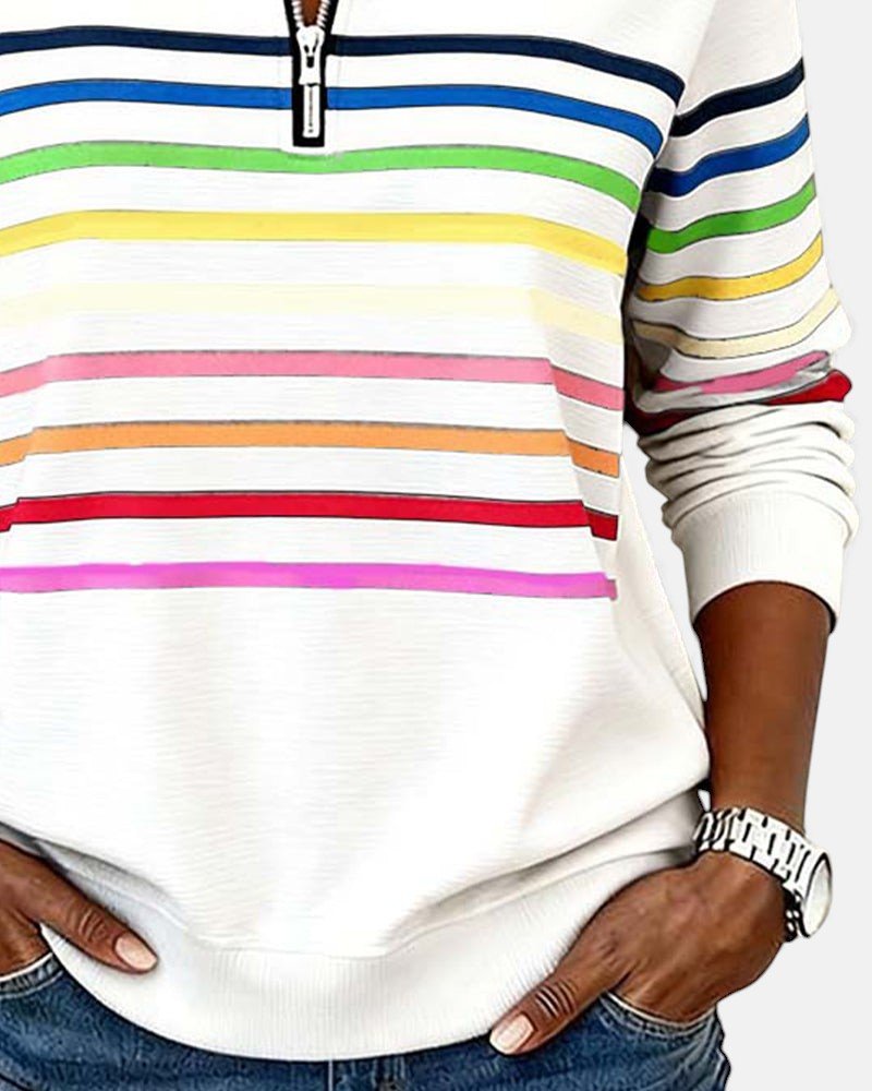 MOREAU LYON | SWEAT-SHIRT À COL ZIPPER QUART DE LONGUEUR RAYÉ POUR FEMMES