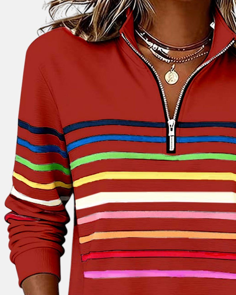 MOREAU LYON | SWEAT-SHIRT À COL ZIPPER QUART DE LONGUEUR RAYÉ POUR FEMMES