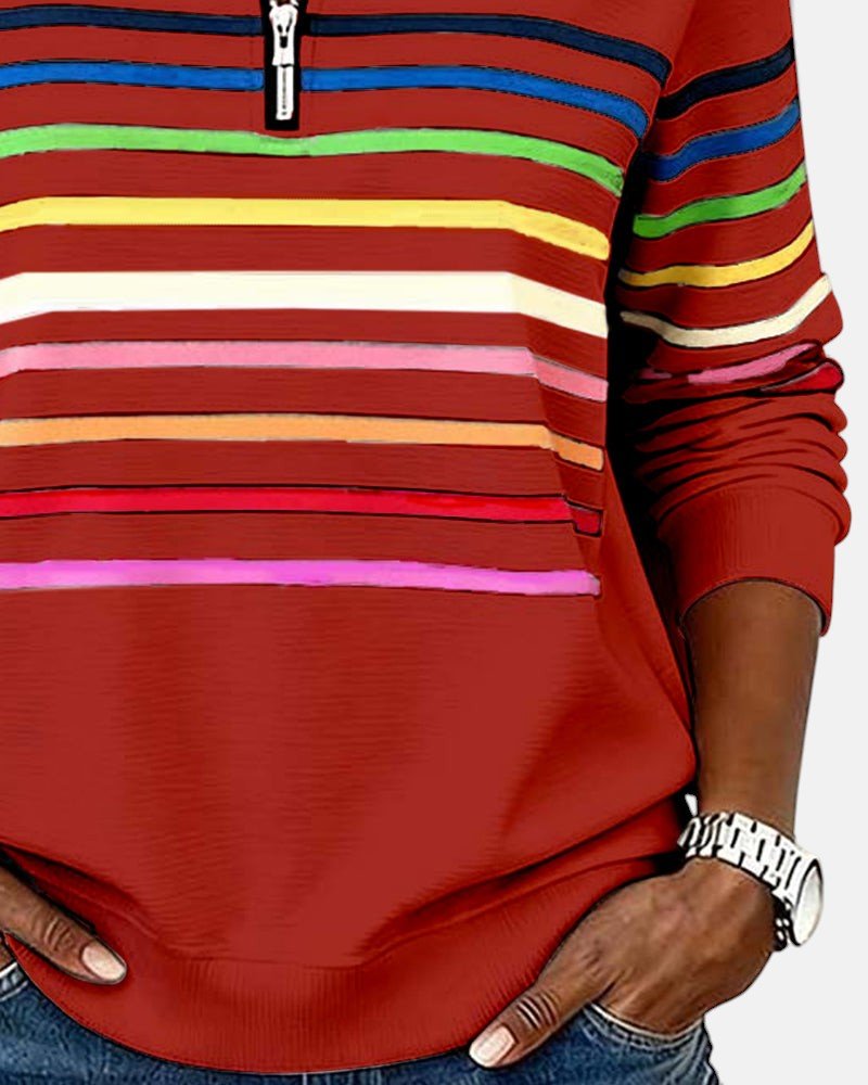 MOREAU LYON | SWEAT-SHIRT À COL ZIPPER QUART DE LONGUEUR RAYÉ POUR FEMMES