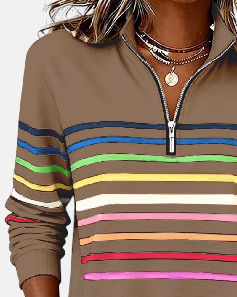 MOREAU LYON | SWEAT-SHIRT À COL ZIPPER QUART DE LONGUEUR RAYÉ POUR FEMMES