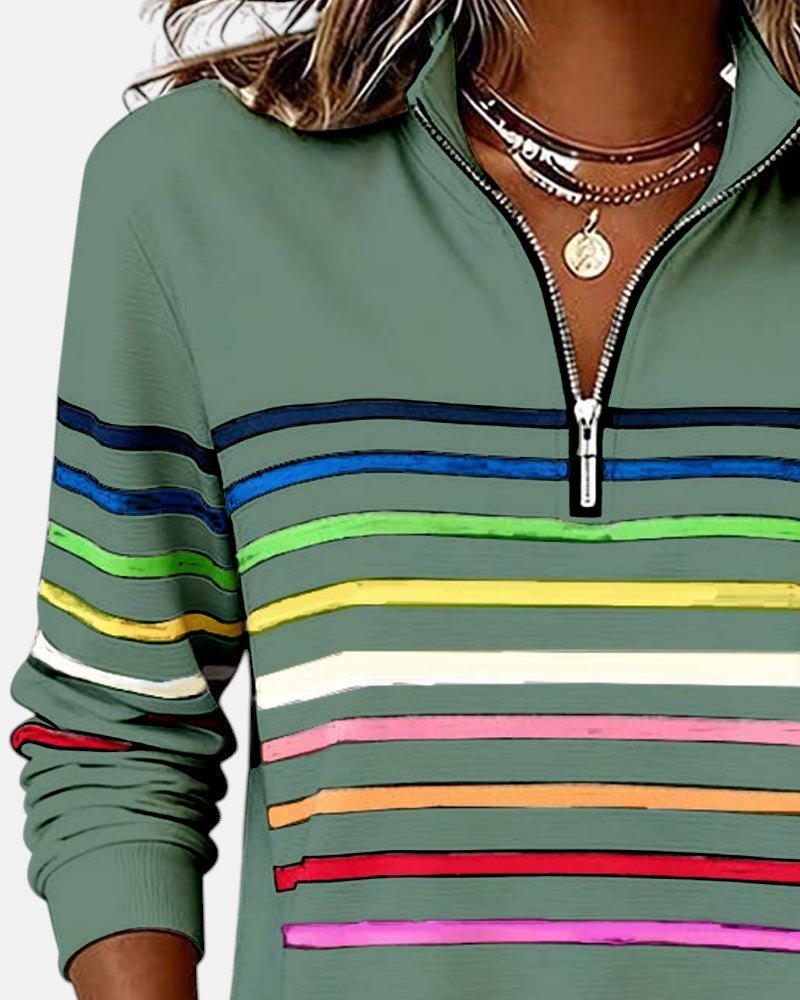 MOREAU LYON | SWEAT-SHIRT À COL ZIPPER QUART DE LONGUEUR RAYÉ POUR FEMMES