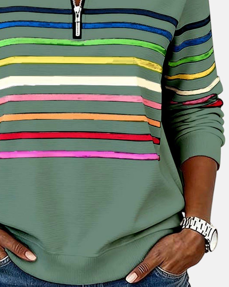 MOREAU LYON | SWEAT-SHIRT À COL ZIPPER QUART DE LONGUEUR RAYÉ POUR FEMMES