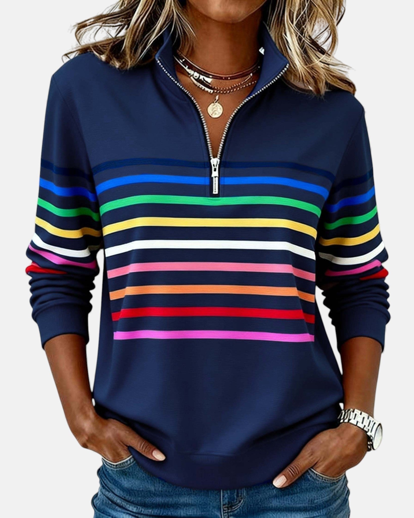 MOREAU LYON | SWEAT-SHIRT À COL ZIPPER QUART DE LONGUEUR RAYÉ POUR FEMMES
