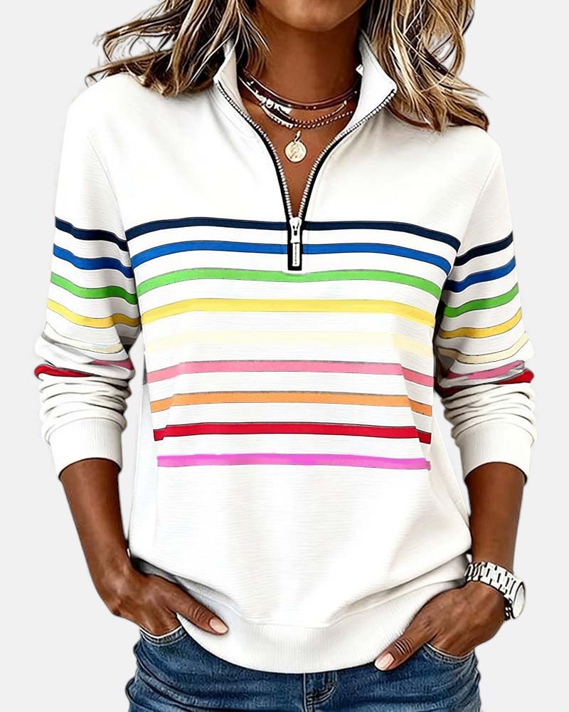 MOREAU LYON | SWEAT-SHIRT À COL ZIPPER QUART DE LONGUEUR RAYÉ POUR FEMMES