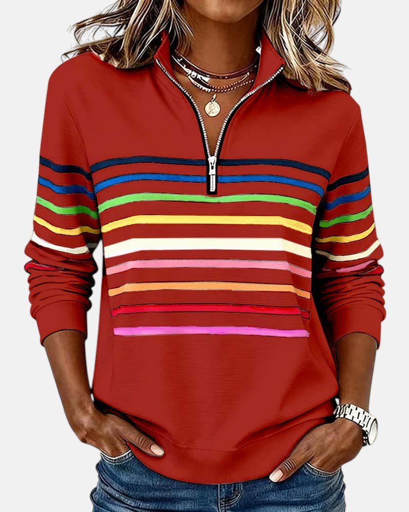MOREAU LYON | SWEAT-SHIRT À COL ZIPPER QUART DE LONGUEUR RAYÉ POUR FEMMES