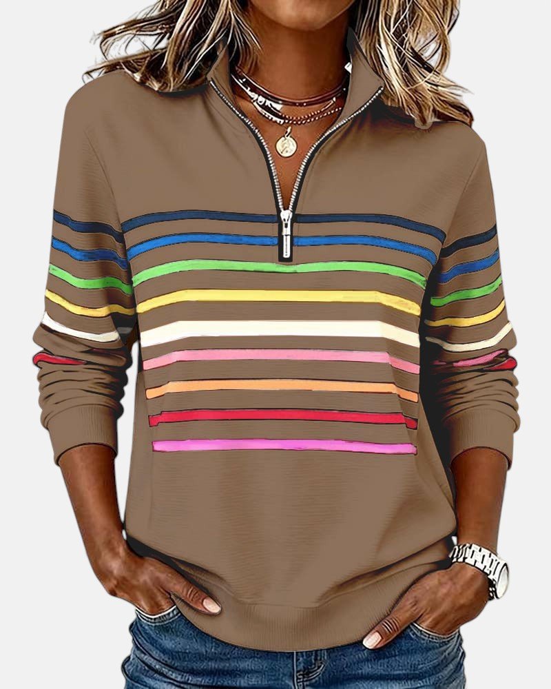 MOREAU LYON | SWEAT-SHIRT À COL ZIPPER QUART DE LONGUEUR RAYÉ POUR FEMMES