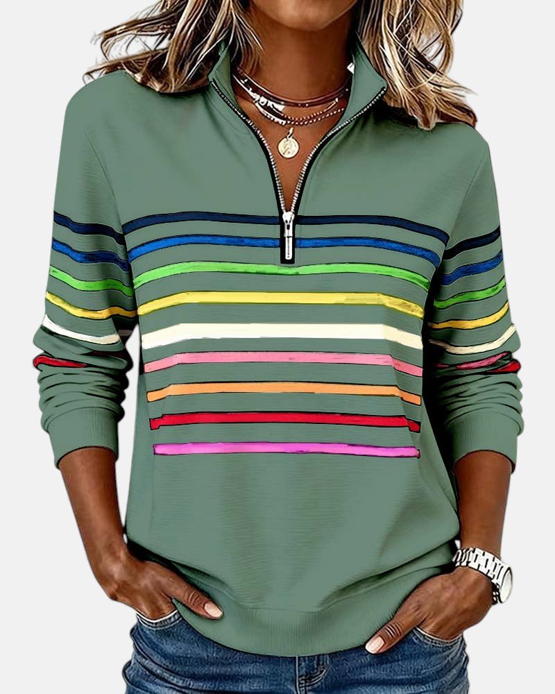 MOREAU LYON | SWEAT-SHIRT À COL ZIPPER QUART DE LONGUEUR RAYÉ POUR FEMMES