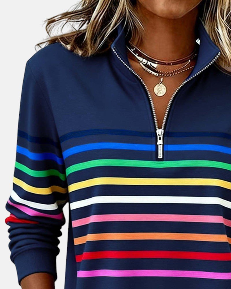 MOREAU LYON | SWEAT-SHIRT À COL ZIPPER QUART DE LONGUEUR RAYÉ POUR FEMMES